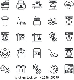 Thin Line Icon Set - coffee machine vector, washer, fork loader, gear, ripper, lawn mower, tomography, printer, copier, crane, water filter, combination lock