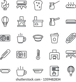 Thin Line Icon Set - coffee vector, fire, fireplace, thermometer, air conditioner, bread, hot dog, bowl, turkish, water heater, balloon