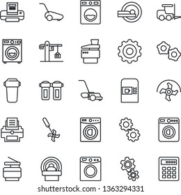 Thin Line Icon Set - coffee machine vector, washer, fork loader, gear, ripper, lawn mower, tomography, printer, copier, crane, water filter, combination lock