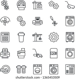 Thin Line Icon Set - coffee machine vector, washer, gear, ripper, lawn mower, tomography, printer, copier, crane, water filter, combination lock
