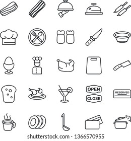 Thin Line Icon Set - coffee vector, cook, cafe, hat, reserved, reception, cocktail, plates, bacon, waiter, egg stand, salt and pepper, bread, open close, credit card, chicken, kebab, ladle, bowl