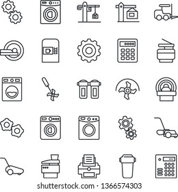Thin Line Icon Set - coffee machine vector, washer, fork loader, gear, ripper, lawn mower, tomography, printer, copier, crane, water filter, combination lock