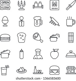 Thin Line Icon Set - coffee vector, waiter, cook, alcohol, serviette, menu, reception, drink, phyto bar, beer, egg stand, salt and pepper, bread, candle, open close, ham, hamburger, rolling pin