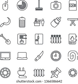 Thin Line Icon Set - coffee machine vector, passport control, radar, mouse, job, rake, sickle, garden knife, picnic table, clock, camera, tv, paper pin, battery, rca, notebook pc, fridge, power plug