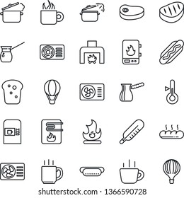 Thin Line Icon Set - coffee machine vector, fire, thermometer, fireplace, air conditioner, bread, steak, hot dog, steaming pan, turkish, water heater, balloon