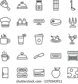 Thin Line Icon Set - coffee vector, pills bottle, fridge, cook hat, reserved, reception, drink, cocktail, phyto bar, salt and pepper, candle, open close, alcove, credit card, chicken, steak, ham