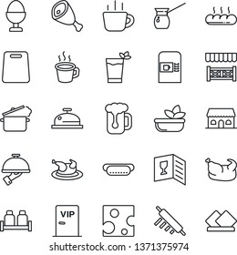 Thin Line Icon Set - coffee machine vector, wine card, reception, phyto bar, beer, salad, waiter, egg stand, salt and pepper, bread, cafe building, vip zone, alcove, chicken, ham, hot dog, turkish