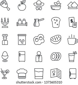 Thin Line Icon Set - coffee vector, seeds, waiter, cook, hat, wine card, drink, cocktail, phyto bar, salad, plates, egg stand, salt and pepper, bread, candle, dress code, restaurant receipt, steak