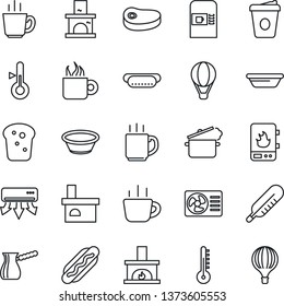 Thin Line Icon Set - coffee machine vector, fireplace, thermometer, bread, steak, hot dog, bowl, steaming pan, turkish, water heater, air conditioner, balloon