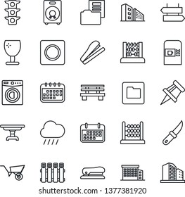 Thin Line Icon Set - coffee machine vector, signpost, abacus, wheelbarrow, rain, garden knife, bench, traffic light, term, fragile, speaker, record, folder, drawing pin, document, stapler, table