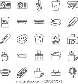 Thin Line Icon Set - coffee machine vector, fireplace, thermometer, air conditioner, bread, steak, hot dog, bowl, steaming pan, water heater, balloon