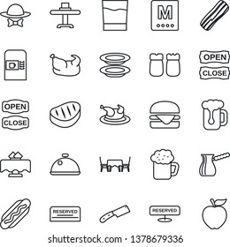 Thin Line Icon Set - coffee machine vector, dish, restaurant table, menu, reserved, drink, beer, plates, bacon, salt and pepper, cafe, dress code, open close, chicken, steak, hamburger, hot dog