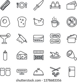 Thin Line Icon Set - coffee vector, dish, cafe, reserved, cocktail, bacon, salt and pepper, bread, candle, open close, alcove, credit card, chicken, ham, rolling pin, knife, steaming pan, sushi