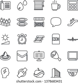 Thin Line Icon Set - coffee machine vector, escalator, alarm clock, plane, office building, team, brainstorm, joint, diet, tv, message, calculator, mail, brightness, presentation board, phone, ham