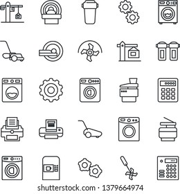 Thin Line Icon Set - coffee machine vector, washer, gear, ripper, lawn mower, tomography, printer, copier, crane, water filter, combination lock