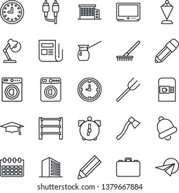 Thin Line Icon Set - coffee machine vector, washer, office building, case, pennant, graduate, calendar, farm fork, rake, axe, clock, rack, news, tv, rca, alarm, bell, desk lamp, pencil, turkish