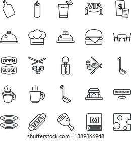 Thin Line Icon Set - coffee vector, waiter, dish, cook hat, menu, reserved, reception, phyto bar, plates, cafe building, candle, table, vip zone, open close, restaurant receipt, ham, hamburger