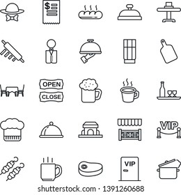 Thin Line Icon Set - coffee vector, waiter, dish, alcohol, restaurant table, cook hat, reception, drink, beer, bread, cafe building, vip zone, dress code, open close, alcove, receipt, steak, kebab