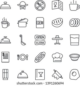 Thin Line Icon Set - coffee machine vector, dish, restaurant table, cafe, cook hat, wine card, reception, drink, plates, dress code, open close, receipt, steak, hot dog, ladle, bowl, rolling pin