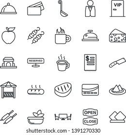 Thin Line Icon Set - coffee vector, waiter, dish, serviette, reserved, reception, salad, bread, cafe building, table, vip zone, open close, alcove, credit card, restaurant receipt, steak, kebab