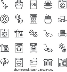 Thin Line Icon Set - coffee machine vector, washer, fork loader, gear, ripper, lawn mower, tomography, printer, copier, crane, water filter, combination lock