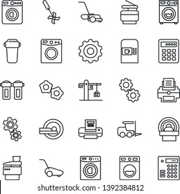 Thin Line Icon Set - coffee machine vector, washer, fork loader, gear, lawn mower, ripper, tomography, printer, copier, crane, water filter, combination lock