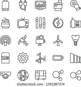 Thin Line Icon Set - coffee machine vector, tv, gear, implant, office phone, consolidated cargo, sorting, satellite, settings, video camera, network, touch screen, share, low battery, rca, charge