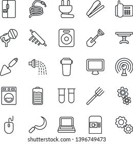 Thin Line Icon Set - coffee machine vector, mouse, trowel, shovel, farm fork, watering, hose, sickle, blood test vial, office phone, microphone, antenna, monitor, speaker, battery, notebook pc, gear