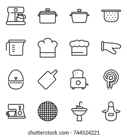 thin line icon set : coffee maker, pan, colander, measuring cup, cook hat, chief, glove, egg timer, cutting board, toaster, elecric oven, sieve, water tap sink, apron