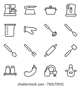 thin line icon set : coffee maker, cutting board, pan, kettle, measuring cup, cook glove, whisk, spatula, big spoon, fork, rolling pin, meat hammer, salt pepper, eggplant, dish cleanser, apron