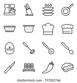 Thin line icon set : coffee maker, stands for knives, plate washing, pan, colander, cook hat, chief, egg timer, whisk, skimmer, big spoon, knife, spices, hot pepper, sponge with foam