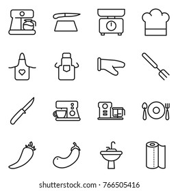 Thin line icon set : coffee maker, cutting board, kitchen scales, cook hat, apron, glove, big fork, knife, food processor, spoon plate, hot pepper, eggplant, water tap sink, paper towel