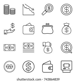 thin line icon set : coin stack, crisis, dollar magnifier, investment, wallet, purse, money bag, gift, arrow, crypto currency, atm