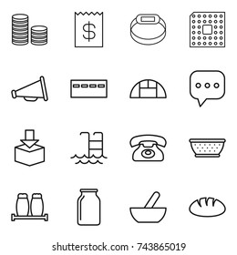 thin line icon set : coin stack, receipt, smart bracelet, cpu, loudspeaker, bunker, greenhouse, sms, package, pool, phone, colander, salt pepper, bank, mortar, bread