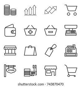 thin line icon set : coin stack, graph up, down arrow, cart, wallet, add to basket, remove from, market scales, shopping bag, label, cashbox, store signboard, mall, shop