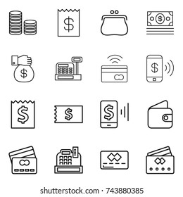 thin line icon set : coin stack, receipt, purse, money, gift, cashbox, tap to pay, phone, mobile, wallet, credit card