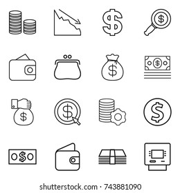 thin line icon set : coin stack, crisis, dollar, magnifier, wallet, purse, money bag, gift, arrow, virtual mining, atm