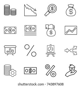 thin line icon set : coin stack, crisis, dollar magnifier, money bag, gift, statistics, presentation, percent, core splitting, virtual mining, real estate