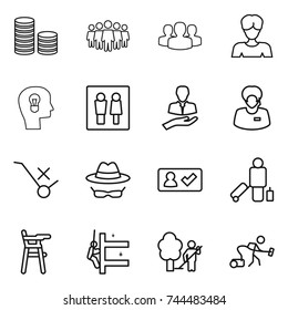 thin line icon set : coin stack, team, group, woman, bulb head, wc, client, support manager, do not trolley sign, confidential, check in, passenger, Chair for babies, skyscrapers cleaning, garden