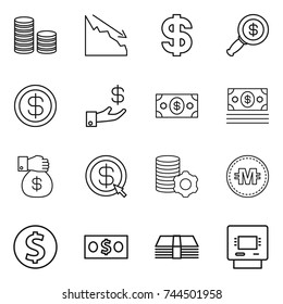 thin line icon set : coin stack, crisis, dollar, magnifier, investment, money, gift, arrow, virtual mining, crypto currency, atm