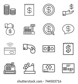 thin line icon set : coin stack, receipt, dollar, investment, money gift, cashbox, arrow, message, tap to pay, hand, credit card, invoice