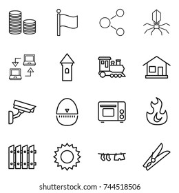 thin line icon set : coin stack, flag, molecule, virus, notebook connect, tower, train, home, surveillance camera, egg timer, grill oven, fire, fence, sun, drying clothe, clothespin