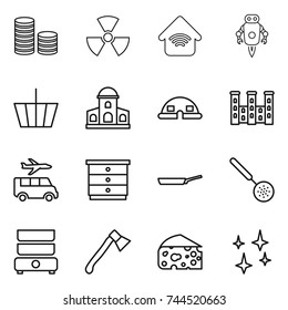 thin line icon set : coin stack, nuclear, wireless home, jet robot, basket, mansion, dome house, palace, transfer, chest of drawers, pan, skimmer, double boiler, axe, cheese, shining