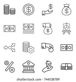thin line icon set : coin stack, dollar, investment, money bag, gift, presentation, core splitting, virtual mining, hand, percent, library, real estate