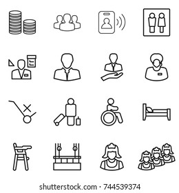 thin line icon set : coin stack, group, pass card, wc, architector, client, support manager, do not trolley sign, passenger, invalid, bed, Chair for babies, skysrcapers cleaning, cleaner, outsource