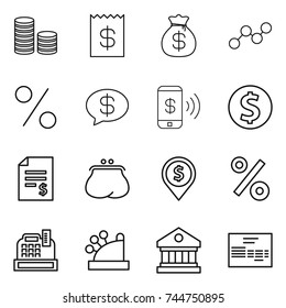 thin line icon set : coin stack, receipt, money bag, graph, percent, message, phone pay, dollar, account balance, purse, pin, cashbox, library, invoice