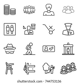 thin line icon set : coin stack, team, woman, group, wc, architector, do not trolley sign, security man, confidential, tourist, check in, detector, Chair for babies, skyscrapers cleaning, garden