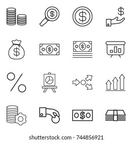 thin line icon set : coin stack, dollar magnifier, investment, money bag, presentation, percent, core splitting, graph up, virtual mining, hand