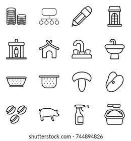 thin line icon set : coin stack, structure, pencil, building, detector, bungalow, water tap, sink, colander, mushroom, beans, coffee seeds, pig, sprayer, washing powder