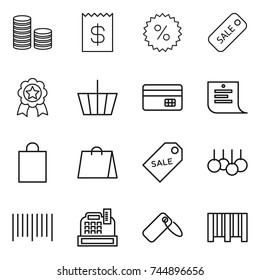thin line icon set : coin stack, receipt, percent, sale, medal, basket, credit card, shopping list, bag, label, bar code, cashbox